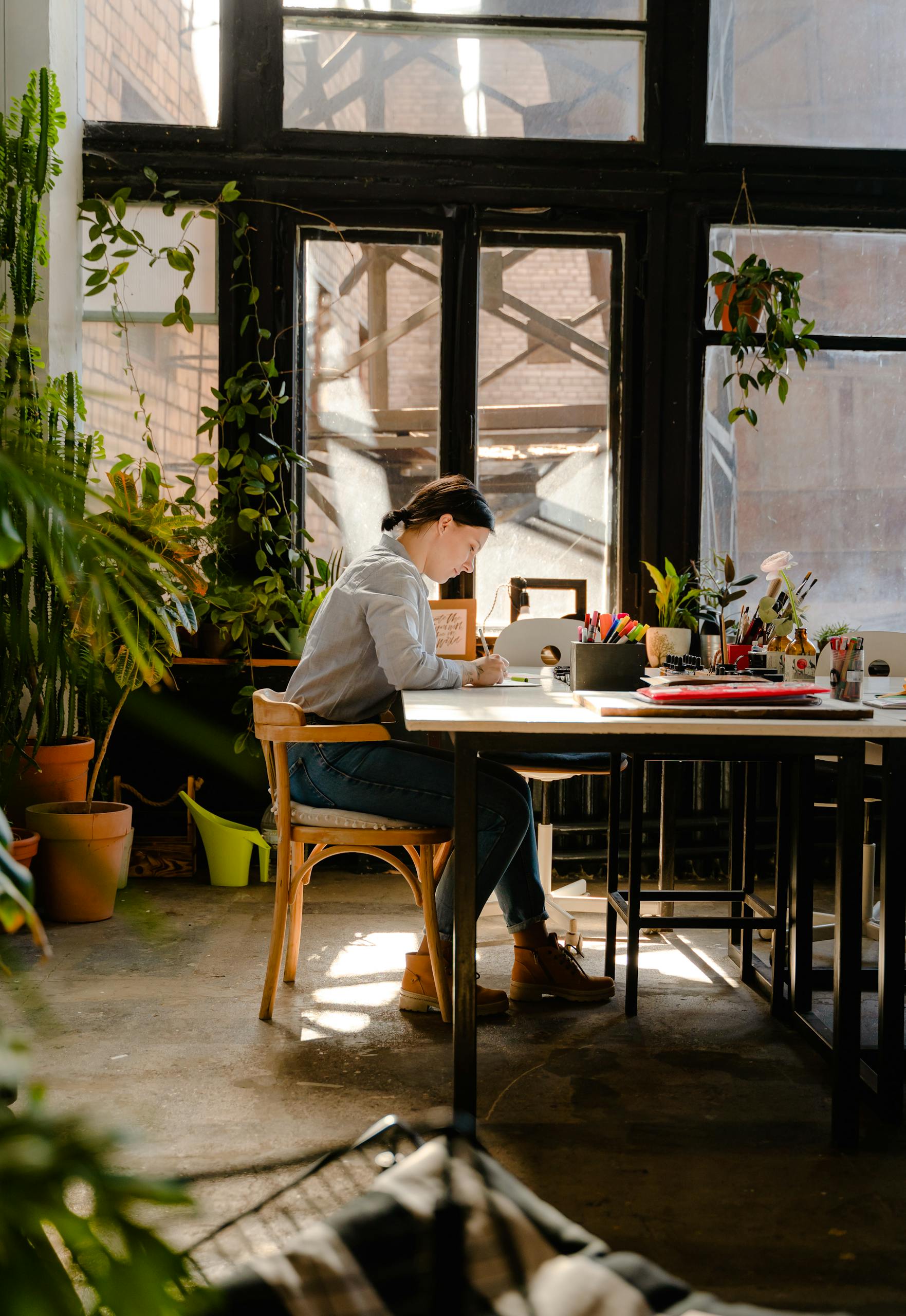 A female artist working diligently in a sunlit studio surrounded by plants and art supplies.