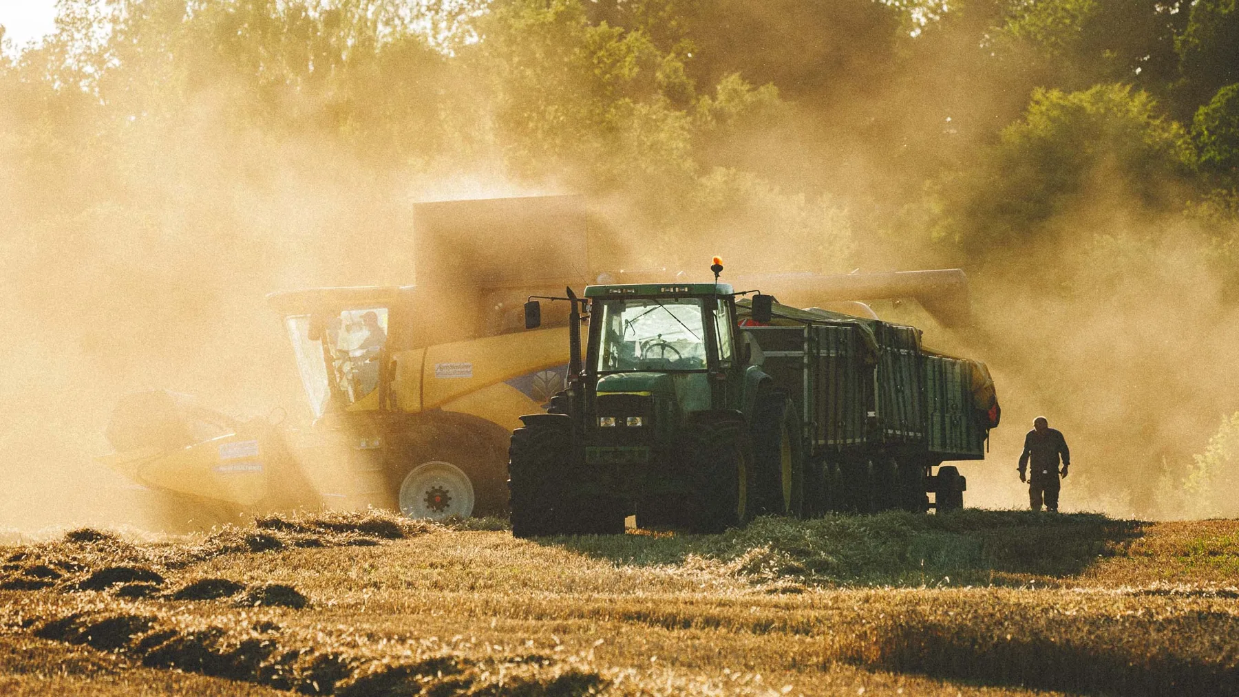Skördetröska och traktor i dammet en sensommardag